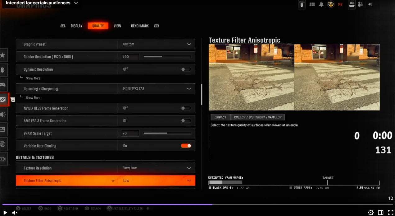 Cellium’s in-game graphics menu — global quality (black ops 6)