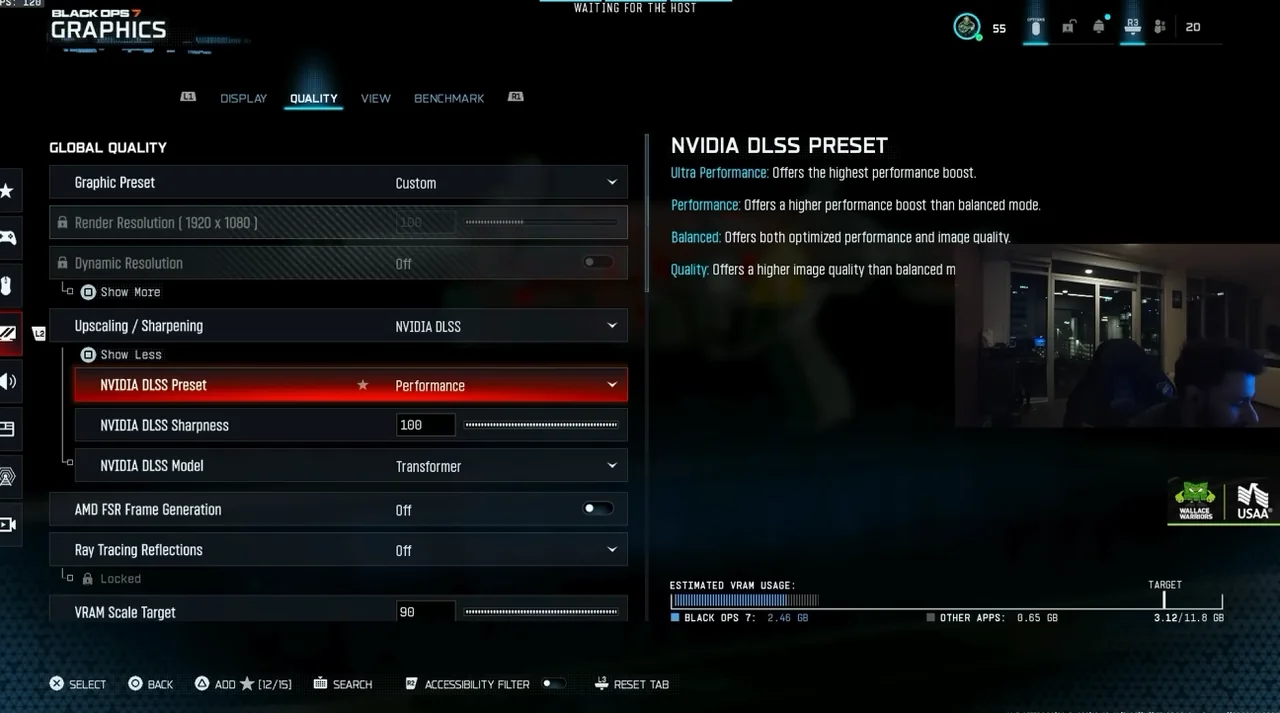 Dashy’s Black Ops 7 graphics menu — global quality & dlss
