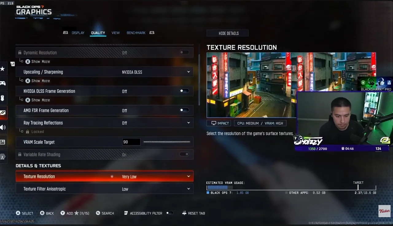 Shotzzy’s Black Ops 7 graphics menu — upscaling, vram & textures